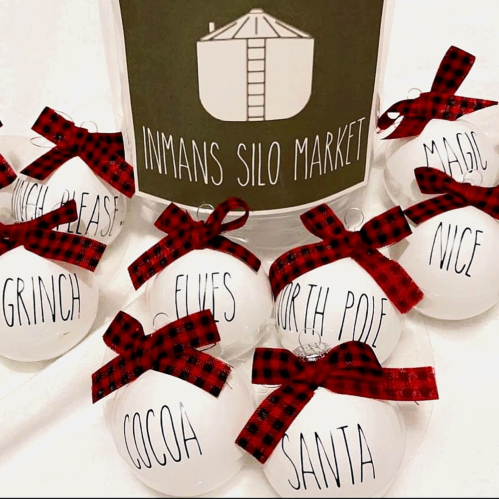 CUSTOM 12 ORNAMENTS, CHOOSE FONT,WORDS,COLOR,AND RIBBON
